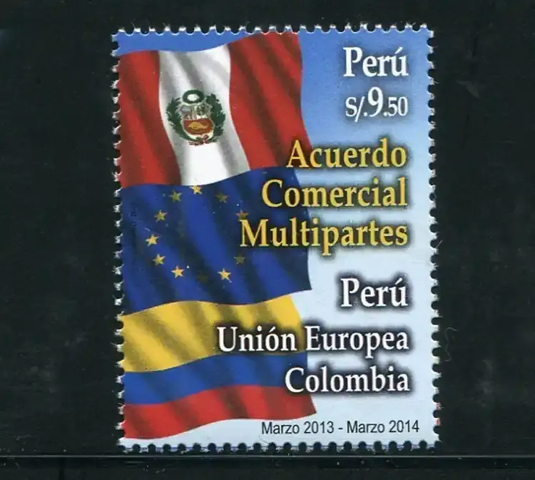 Extra sparen - Briefmarken 2014 Peru Flaggen Flags Europäische Union EU Kolumbien Wirtschaft MNH