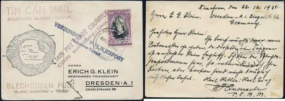 Briefmarken 1042 Tonga 1939 Tin Can Mail Blechdosenpost Karte Niuafo`ou Dresden Quensell / | Neuzugang
