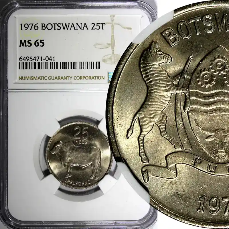 Top-Preis | 25 Thebe Botswana 1976 NGC MS65 African Zebu Nice Toned KM 6 (41)