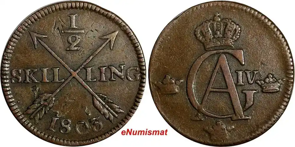 1/2 Skilling SWEDEN Gustaf IV 1803 OVERSTRUCK on 1 Ore (1730-1767) KM565 (15067) Uncertified | Neue Ware