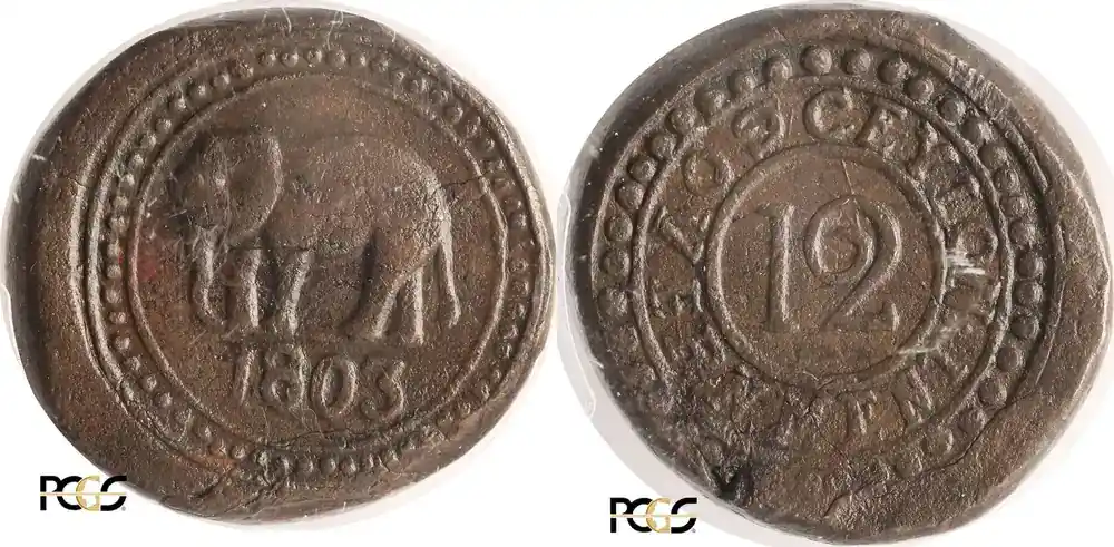 Einfache Rückgabe - Ceylon, British Colony 1/12 Rixdollar 1803 39,60 g. PCGS XF 45