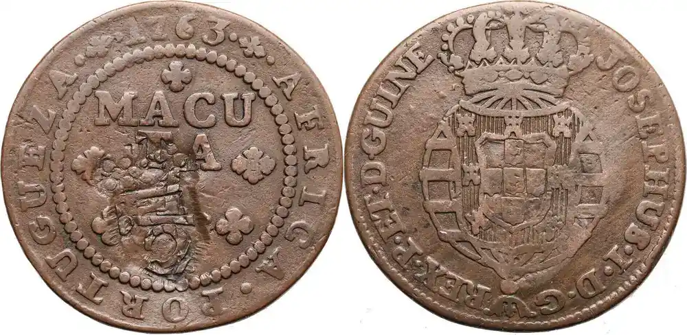 Auf Lager - Angola 1 Macuta (2 Macutas) 1763 (1837) countermark Sehr Schön